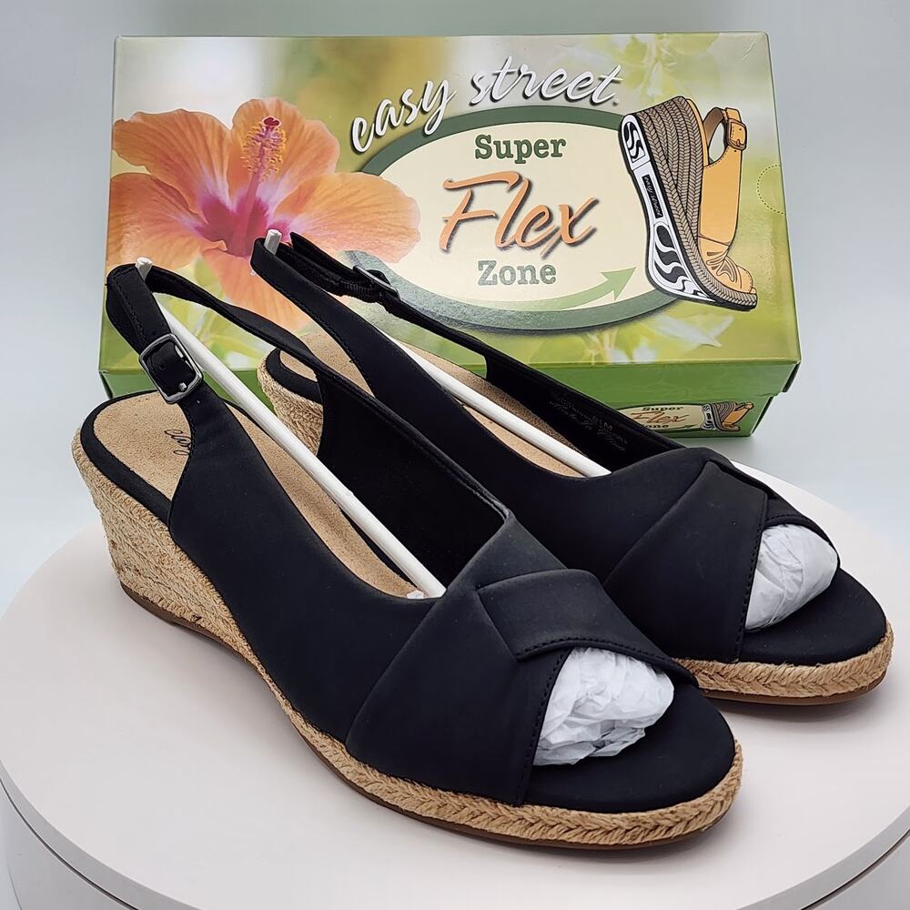 NEW Easy Street Devlin Black Slingback Espadrille Wedge Sandals Women Size 8.5 M